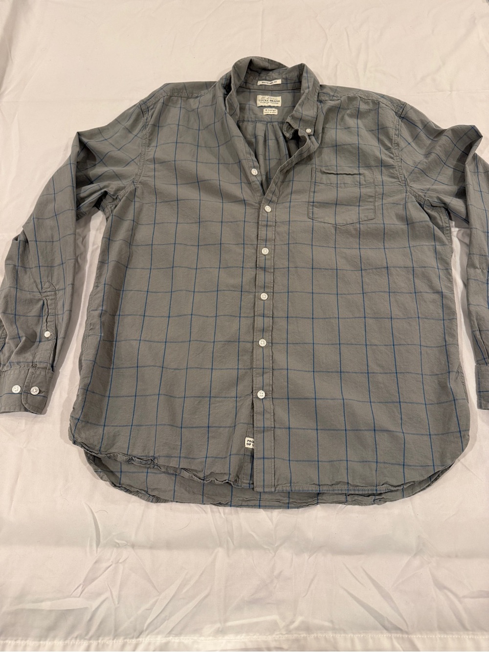 Lucky Brand White Label Fit Windowpane Plaid Button Down Shirt Gray Blue XL
